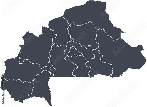 Vector map of Burkina Faso showing all regions with clearly defined borders and country outline. Dark color scheme with white contours. Perfect for educational, infographic, and professional use.
