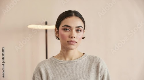 Young woman exuding calm confidence against a soft background  
