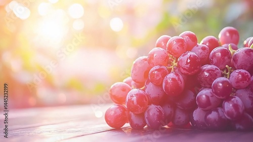Cluster of plump, red grapes on a wooden surface bathed in warm sunlight