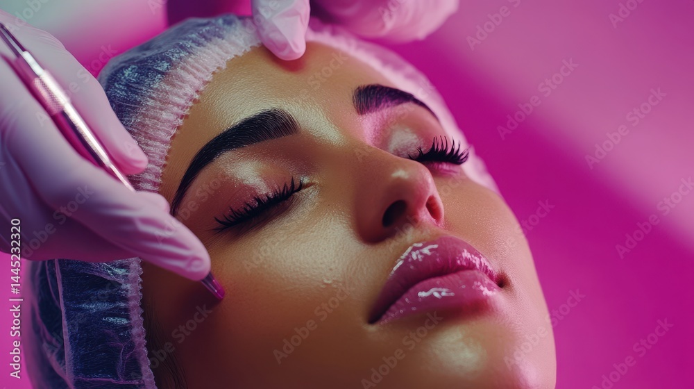A woman receives permanent makeup on her eyebrow line for cosmetic purposes. It could be used for beauty, fashion, or personal care promotion.