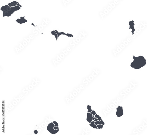 Vector map of Cape Verde showing all islands with clearly defined borders and country outline. Dark color scheme with white contours. Perfect for educational, infographic, and professional use.