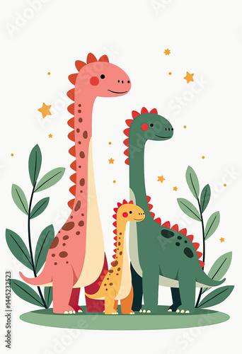 Cute Brachiosaurus Family Clipart in Flat Vector Style with Pastel Pink and Green Colors, Simple and Adorable Dinosaur Illustration on White Background
