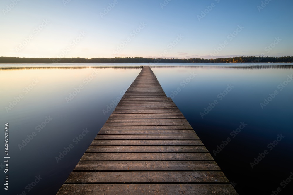 Fototapeta premium A tranquil wooden pier extends across a calm lake, reflecting the clear blue sky and surrounding nature at dawn or dusk.