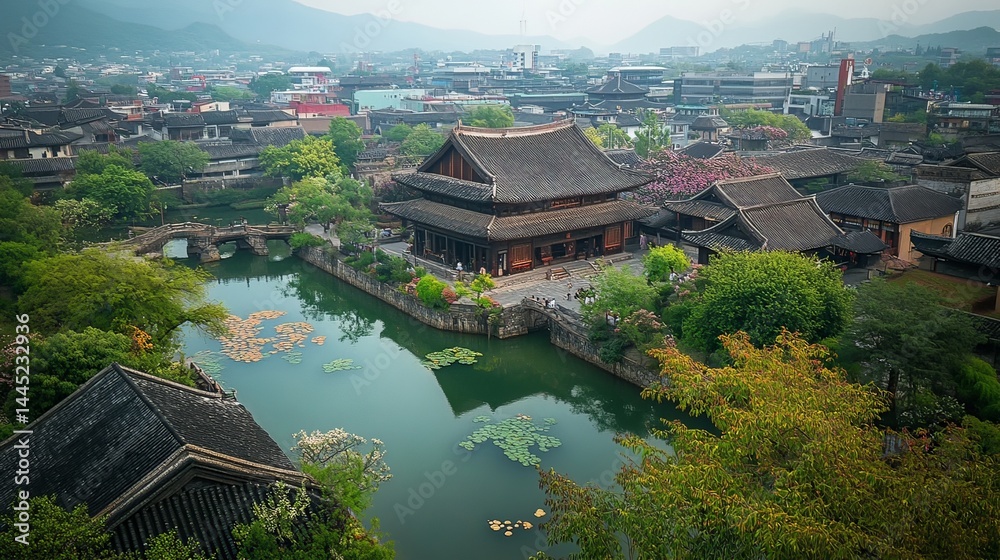 Serene historic architecture ancient town aerial view tranquil environment cultural heritage Serene historic architecture ancient town aerial view tranquil environment cultural heritage