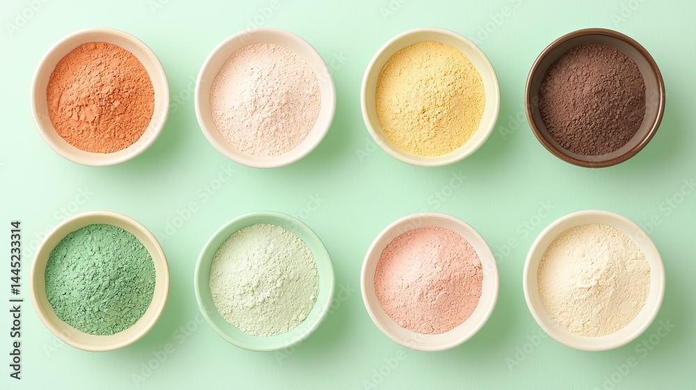 Colorful Powdered Food Ingredients in Bowls on Mint Green Background Colorful Powdered Food Ingredients in Bowls on Mint Green Background