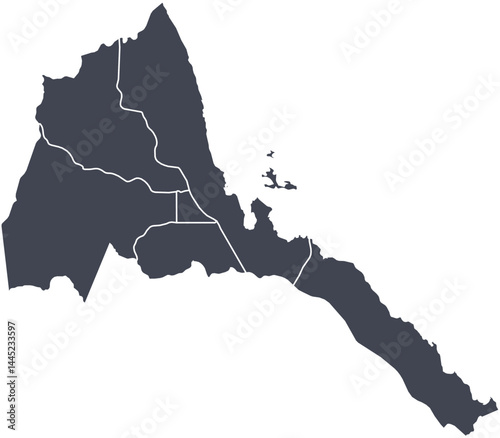 
Vector map of Eritrea showing all regions with clearly defined borders and country outline. Dark color scheme with white contours. Perfect for educational, infographic, and professional use.