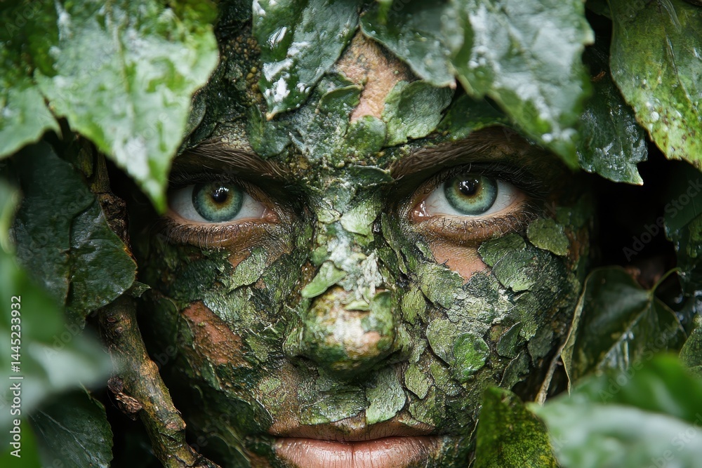 Face covered in vibrant green leaves, mesmerizing eyes pierce through foliage. Use for nature, environmentalism, or mystical forest themes, designs.