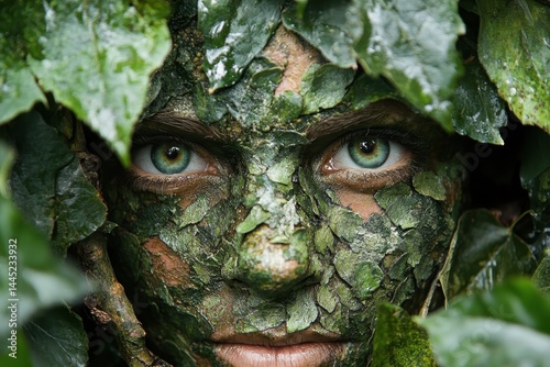 Face covered in vibrant green leaves, mesmerizing eyes pierce through foliage. Use for nature, environmentalism, or mystical forest themes, designs.
