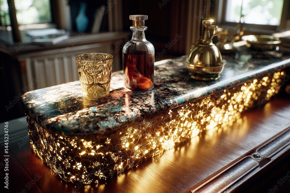Obraz premium Elegant bar setup with decorative glassware and ambient lighting.