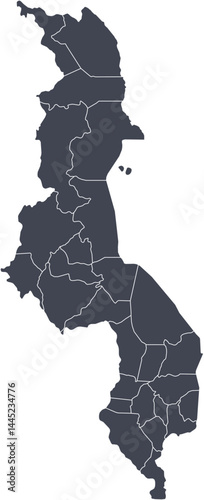 Vector map of Malawi showing all regions with clearly defined borders and country outline. Dark color scheme with white contours. Perfect for educational, infographic, and professional use.