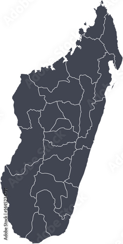 Vector map of Madagascar showing all regions with clearly defined borders and country outline. Dark color scheme with white contours. Perfect for educational, infographic, and professional use.