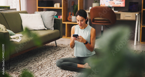 Obraz na płótnie Woman, smartphone and smile with exercise break in house, influencer and social media comment response. Mobile app, email or fitness blog with positive review, post communication or workout chat w salonie