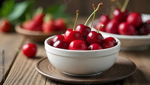 selective focus of cherries in white bowl and mixed berries on plate on wooden table isolated on