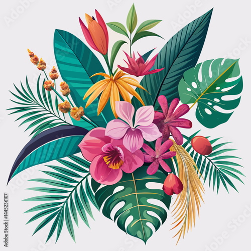 Tropical flowers and green leaves arranged on a white background, showcasing vibrant colors and natural beauty.