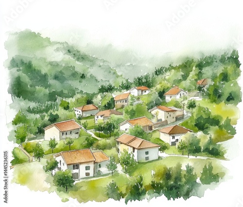Watercolor village nestled in hills