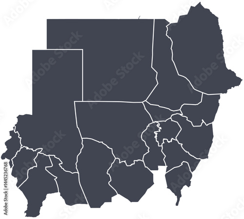 Vector map of Sudan showing all regions with clearly defined borders and country outline. Dark color scheme with white contours. Perfect for educational, infographic, and professional use.

