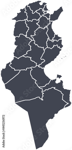 Vector map of Tunisia showing all regions with clearly defined borders and country outline. Dark color scheme with white contours. Perfect for educational, infographic, and professional use.

