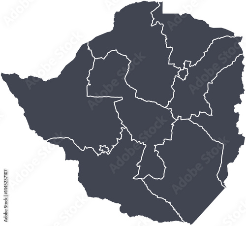 Vector map of Zimbabwe showing all regions with clearly defined borders and country outline. Dark color scheme with white contours. Perfect for educational, infographic, and professional use.

