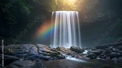 Majestic waterfall cascading down basalt cliffs breathtaking nature scene serene beauty flows endlessly with little rainbow
 photo