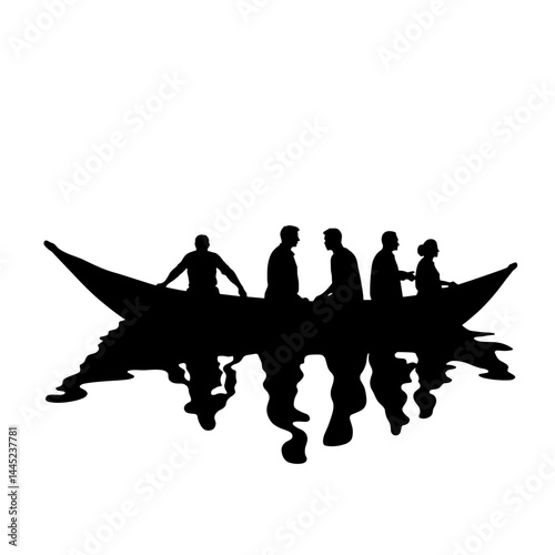 Silhouette of boat carrying people to safe shore, hope and journey