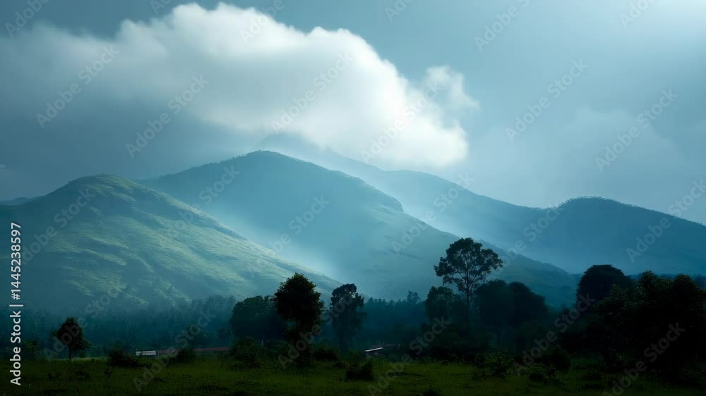 Misty mountains and clouds landscape, view of rolling green hills in the distance with soft blue light and trees in the foreground