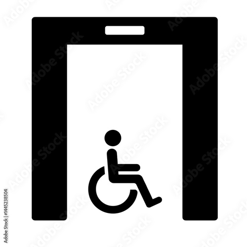 Elevator silhouette with wheelchair symbol on white background, accessibility