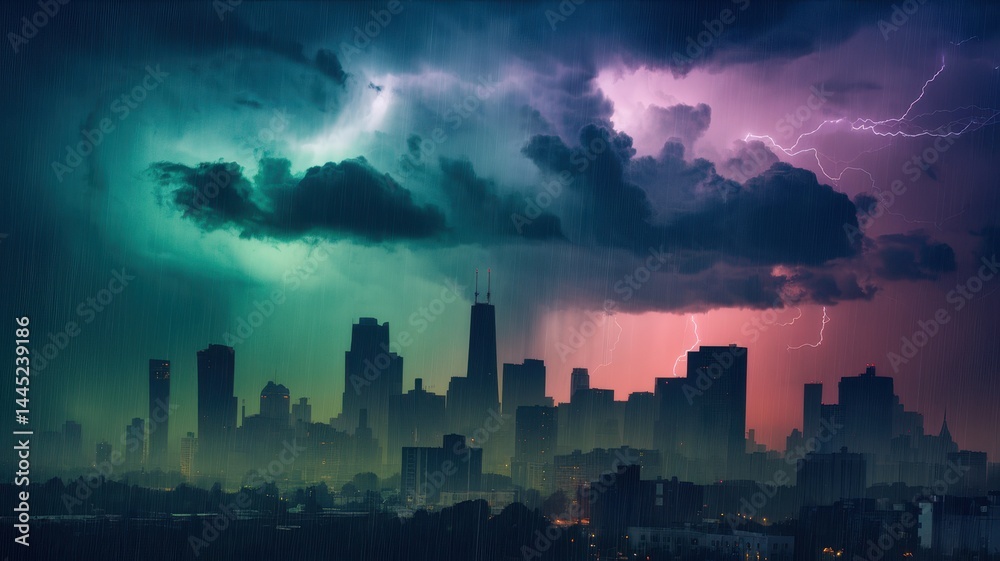 Urban skyline with swirling clouds and pink lightning in neon green storm sky Urban skyline with swirling clouds and pink lightning in neon green storm sky