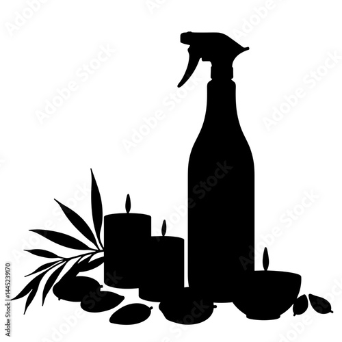 Silhouette of candles and spa bottle, home relaxation concept