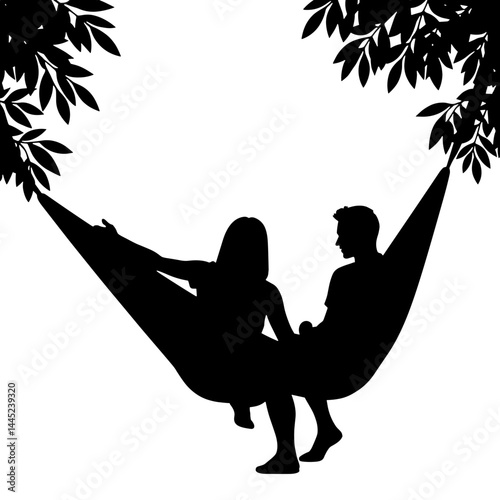 Silhouette of friends relaxing in hammock, digital detox concept