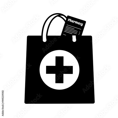 Pharmacy bag with medical cross and receipt, health concept