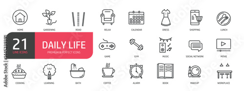 Set of line icons related to home, food, cooking, clothes, gardening, reading. Outline icons collection. Editable stroke. Vector illustration.