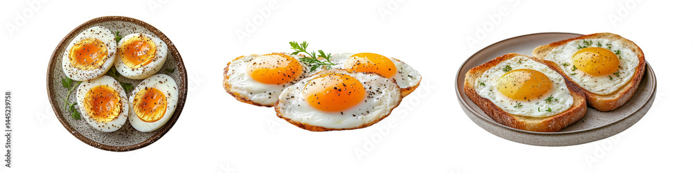 Collection of eggs served soft-boiled, fried, and on toast on transparent background. Collection of eggs served soft-boiled, fried, and on toast on transparent background.