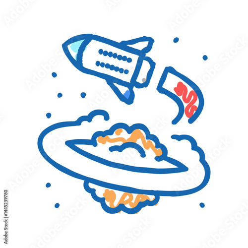 rocket flying around planet icon doodle illustration
