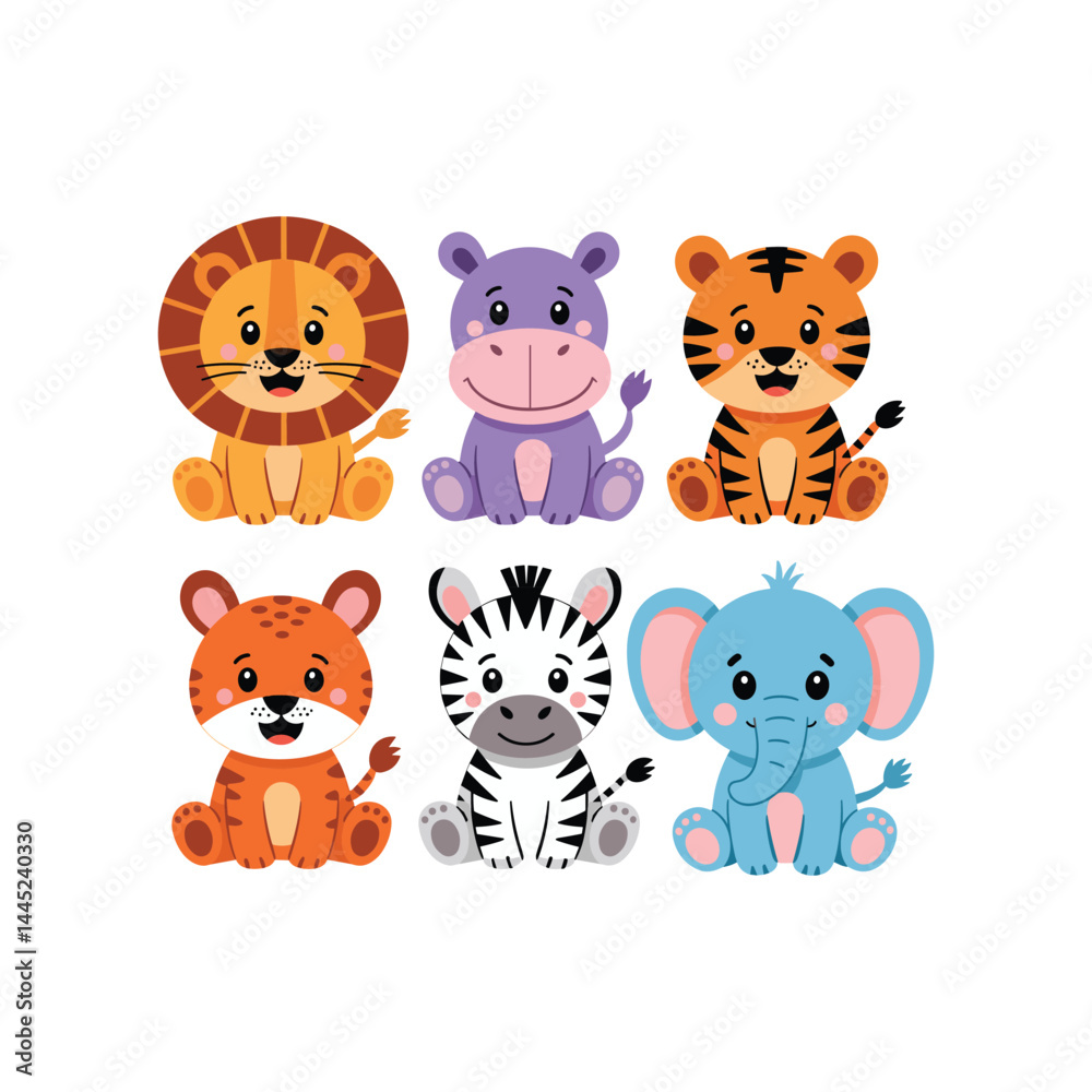 A set of cute vector illustrations in a simple childish style. Safari animals. Cute tiger, lion cub, elephant cub and hippo, zebra isolated on white background A set of cute vector illustrations in a simple childish style. Safari animals. Cute tiger, lion cub, elephant cub and hippo, zebra isolated on white background