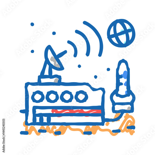 space base sending signal on earth icon doodle illustration