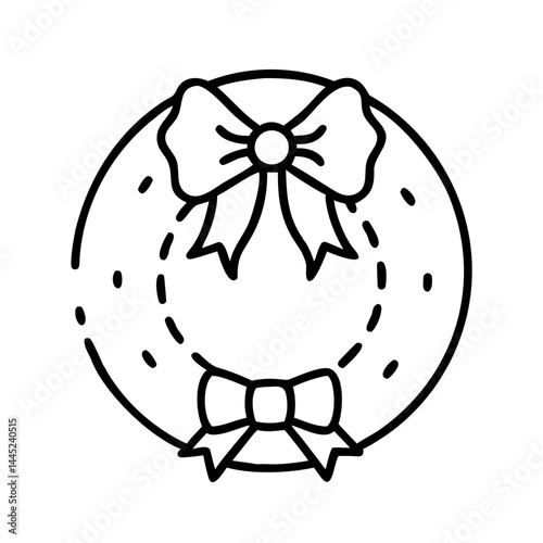 Christmas wreath with bows in a simple line art style  