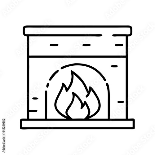 Cozy fireplace with flames in a minimalist line art style  