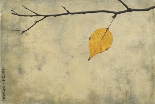 A solitary yellow leaf clings to a barren branch against a textured background, evoking themes of change and endurance.