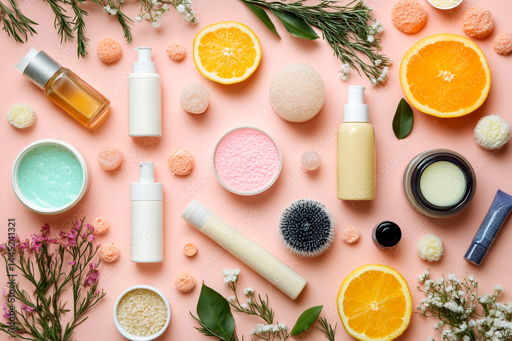 Bright and refreshing top view of a cosmetic set featuring pink citrus-themed jars and oils, designed to promote moisture and skincare