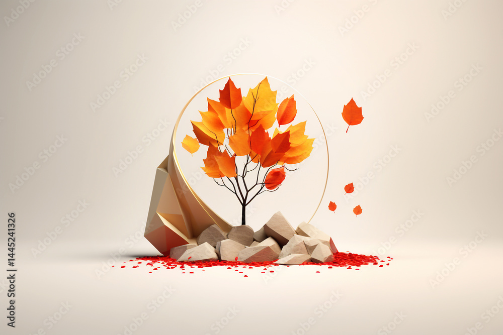 Minimalistic autumn scene featuring a single tree with vibrant fall leaves against a soft, blurred background. autumn season, highlighting the beauty of nature