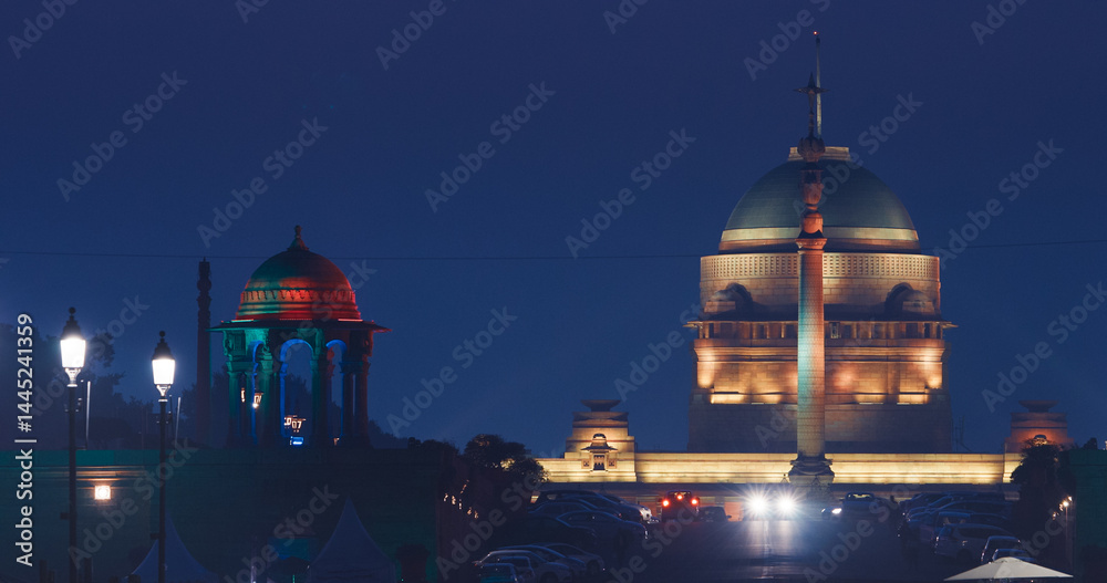 New Delhi, Delhi, India. Close up of Rashtrapati Bhavan, Viceroys House, official residence Presidential Palace in Kartavya Path, Rajpath Area. Rashtrapati Bhavan in evening night illumination lights