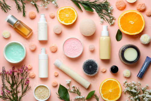 Obraz na płótnie Bright and refreshing top view of a cosmetic set featuring pink citrus-themed jars and oils, designed to promote moisture and skincare w salonie