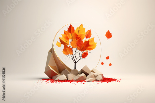 Obraz na płótnie Minimalistic autumn scene featuring a single tree with vibrant fall leaves against a soft, blurred background. autumn season, highlighting the beauty of nature w salonie