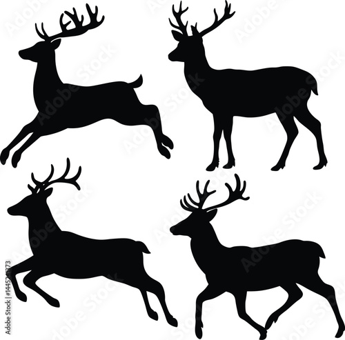 Black and White Deer Silhouette Illustrations – Antlered Stags in Leaping and Standing Poses, Minimalist Vector Wildlife Art with Clean Lines and Stylized Woodland Animal