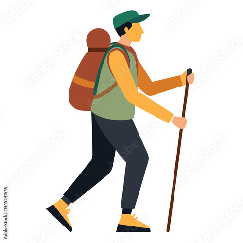 Man hiking with backpack and walking stick on white background vector illustration