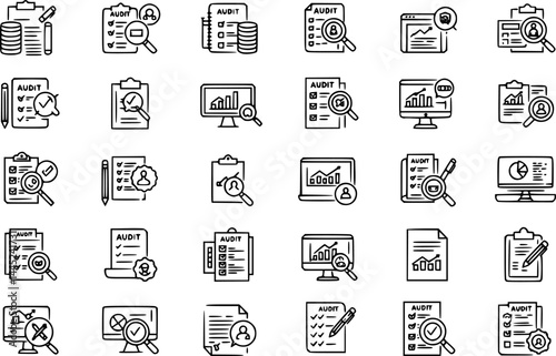 Audit document icon in flat style, vector set silhouette
