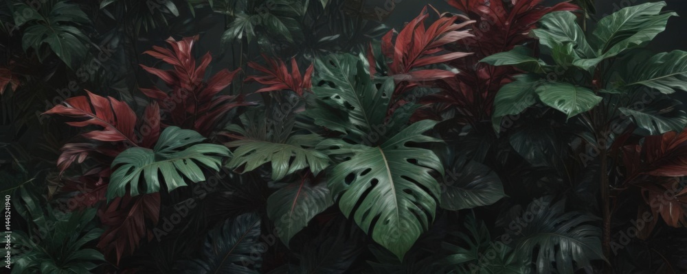 Luxurious dark green & crimson tropical leaves, dense foliage , design, vine Luxurious dark green & crimson tropical leaves, dense foliage , design, vine