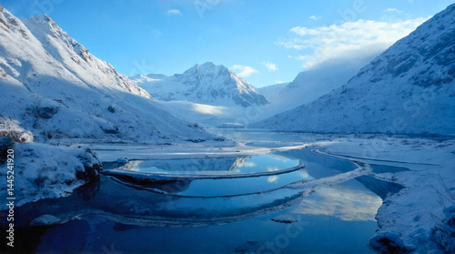Snowy Mountain Lake Reflection In Winter	
