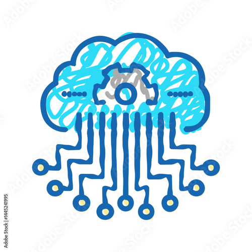cloud storage and working process neural network icon doodle illustration