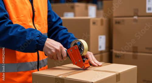Warehouse Worker Packing Box in Industrial Setting with Cardboard Boxes and Packaging Tape photo